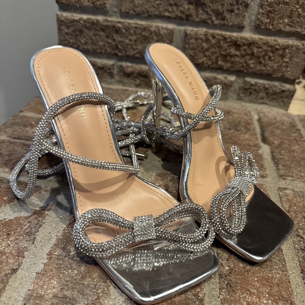 Azalea Wang Calliope Wrap Around Ankle Heels Silver Metallic Rhinestones Sz 6.5